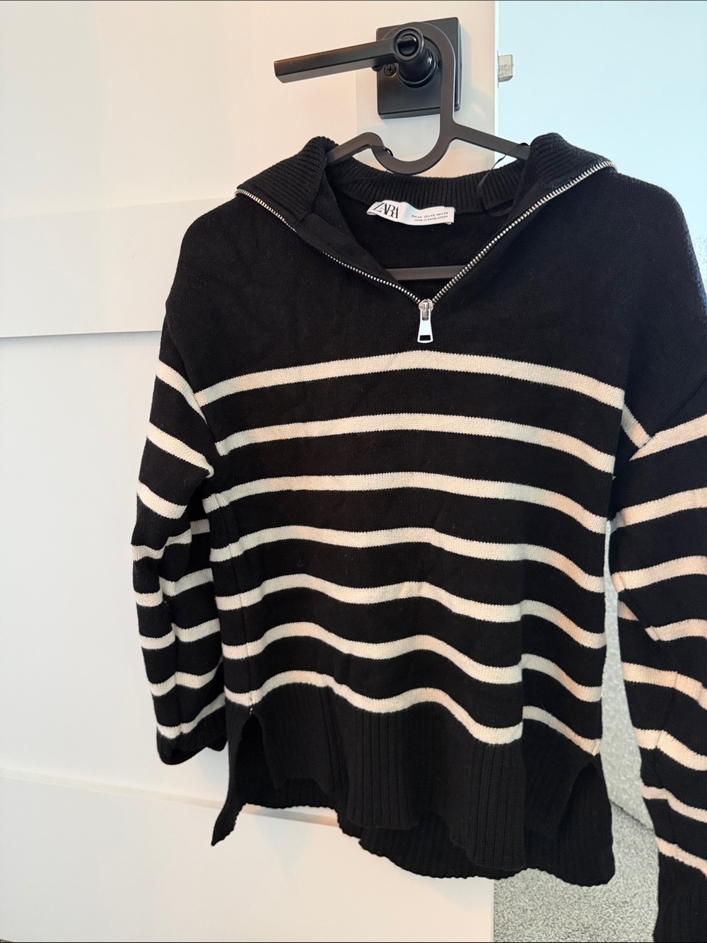 Zara Black and White Striped Half-Zip Hoodie Sweater